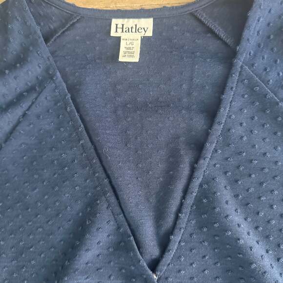 Hatley Navy Blue Textured Swiss Dot Long Sleeve Faux Wrap Side Ruched Top - Picture 2 of 3